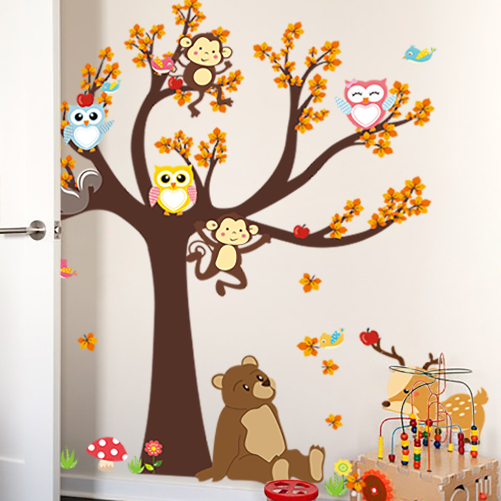 Gaming Accessories Decor - フクロウ猿動物木の漫画ビニールの壁のステッカー部屋のホームインテリアdiy子供の壁紙インテリアデカール
