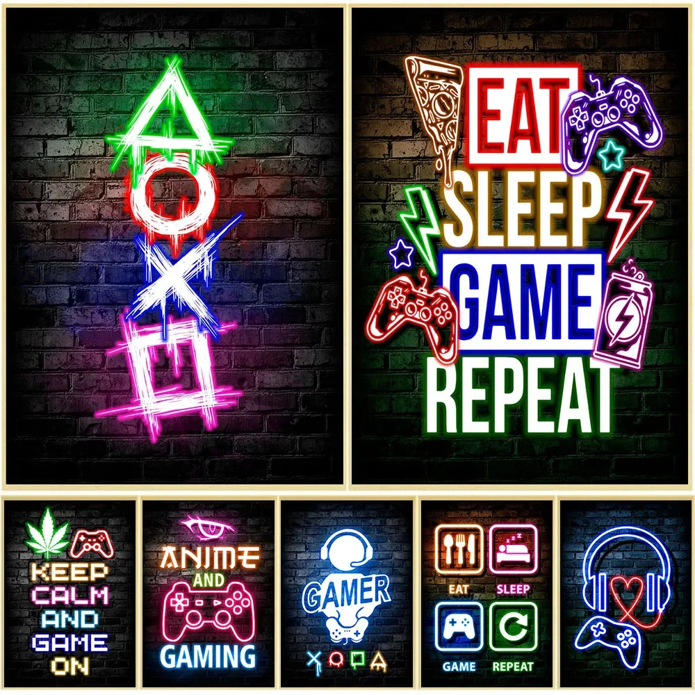Gaming Accessories Decor - ゲーミングネオン「食べる・寝る・ゲーム・繰り返す」ウォールアートポスター、キャンバス絵画、お部屋、オフィス、学校の装飾品、家の装飾に
